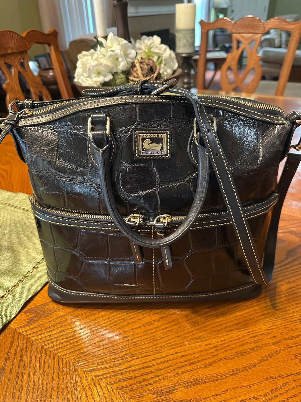 Dooney & Bourke Black Croc-Embossed Leather Satchel with Crossbody Strap Vintage